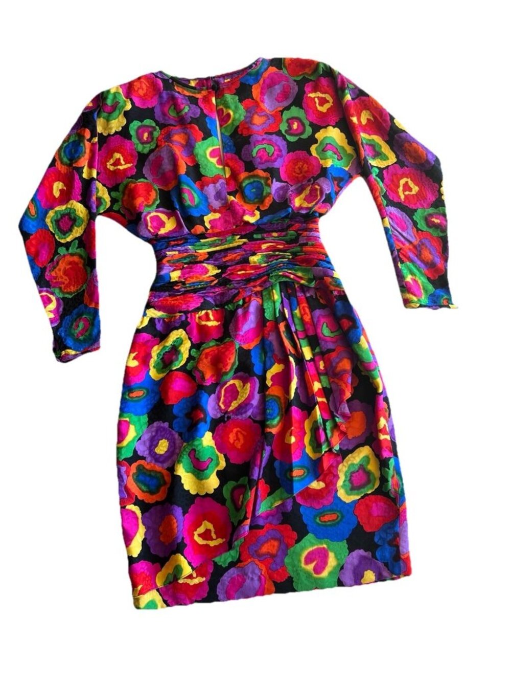 AJ Bari 80s Ruched Dropped Waist 100% Silk Floral Dress Size 6 Multicolor Korea